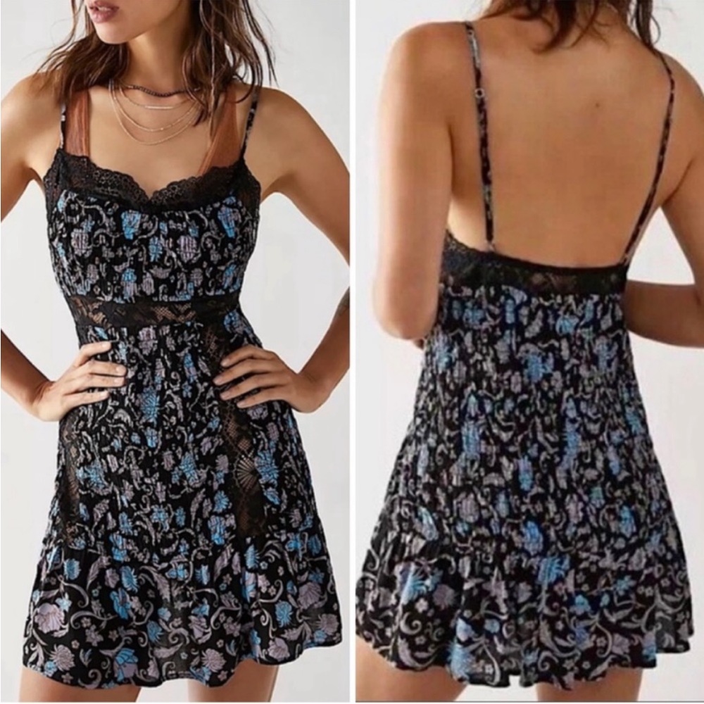 Free People Last Night Slip Dress Black Floral